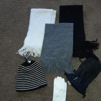 Winter wear, White, Black, and Gray scarves with a pair of Columbia gloves and stocking cap