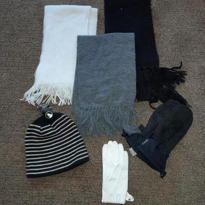 Winter wear, White, Black, and Gray scarves with a pair of Columbia gloves and stocking cap
