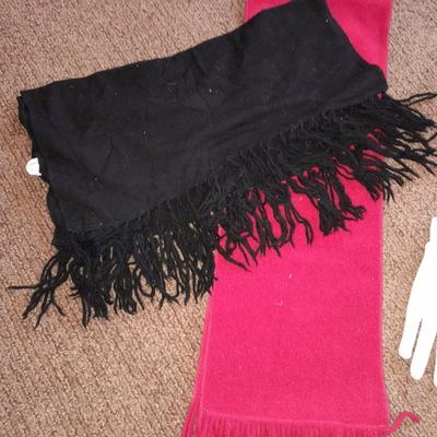 Winter wear, Red and black scarves with white gloves and a red hat