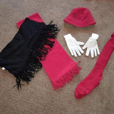 Winter wear, Red and black scarves with white gloves and a red hat