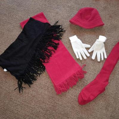 Winter wear, Red and black scarves with white gloves and a red hat