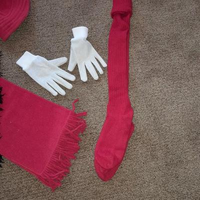 Winter wear, Red and black scarves with white gloves and a red hat