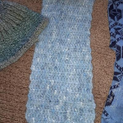 Winter wear, Blue crochet scarf and hat with new Merino wool beanie and a pair of blue socks