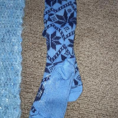 Winter wear, Blue crochet scarf and hat with new Merino wool beanie and a pair of blue socks
