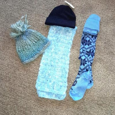 Winter wear, Blue crochet scarf and hat with new Merino wool beanie and a pair of blue socks