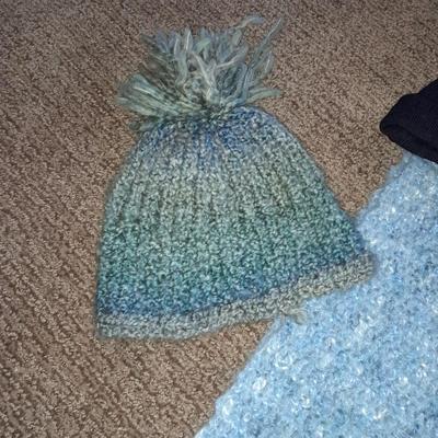 Winter wear, Blue crochet scarf and hat with new Merino wool beanie and a pair of blue socks