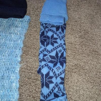 Winter wear, Blue crochet scarf and hat with new Merino wool beanie and a pair of blue socks
