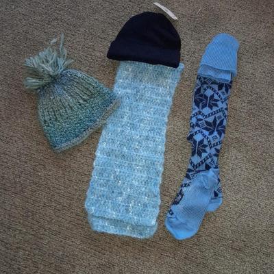 Winter wear, Blue crochet scarf and hat with new Merino wool beanie and a pair of blue socks
