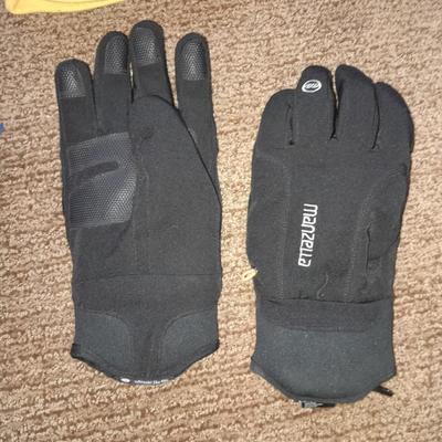Winter wear, Gore-Tex Size XL snow pants with men's large gloves, and a beanie hat