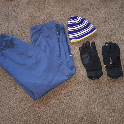 Winter wear, Gore-Tex Size XL snow pants with men's large gloves, and a beanie hat