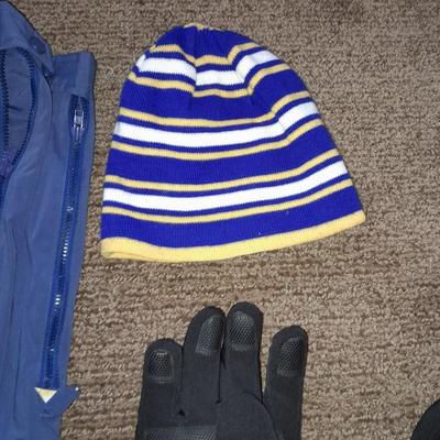 Winter wear, Gore-Tex Size XL snow pants with men's large gloves, and a beanie hat