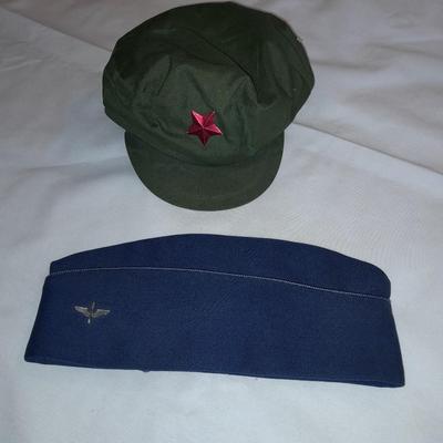 Two vintage hats - China Green Red Star Cap Hat Soldier Mao - Early Air Force cap with WWII Army Air Force Aviation Cadet Cap Badge