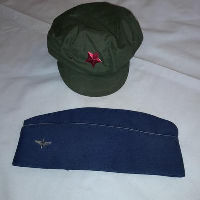 Two vintage hats - China Green Red Star Cap Hat Soldier Mao - Early Air Force cap with WWII Army Air Force Aviation Cadet Cap Badge