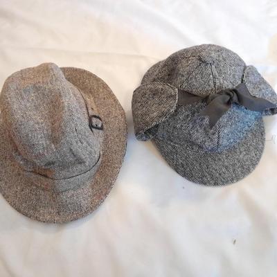 Two vintage hats - Tweed wool fedora style - Donegal handwoven Weaver Sherlock Holmes Style Ear Flaps / Double bill hat / English Style...