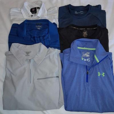 Six mens tops - two Under armor heatgear- Copper fit - LL Bean - Victorinox Most size Large