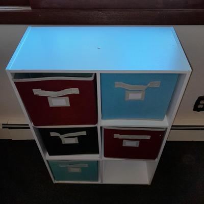 Cubby shelf with five canvas baskets