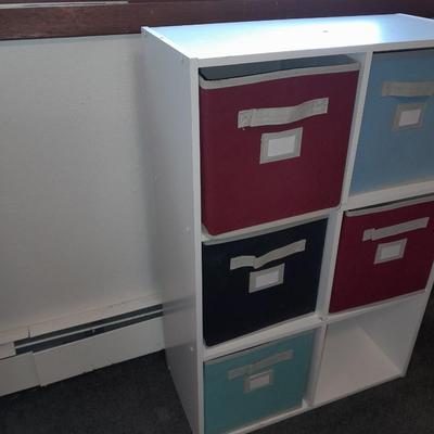 Cubby shelf with five canvas baskets