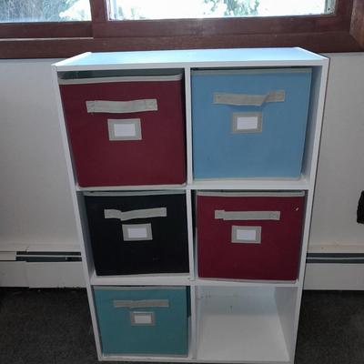 Cubby shelf with five canvas baskets