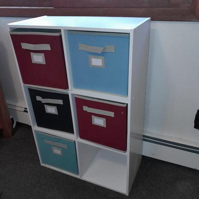 Cubby shelf with five canvas baskets
