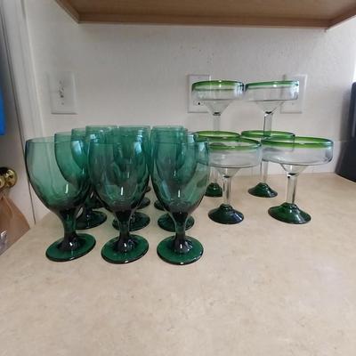 SET OF GREEN STEMMED GOBLETS AND MARGARITA GLASSES