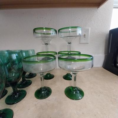 SET OF GREEN STEMMED GOBLETS AND MARGARITA GLASSES