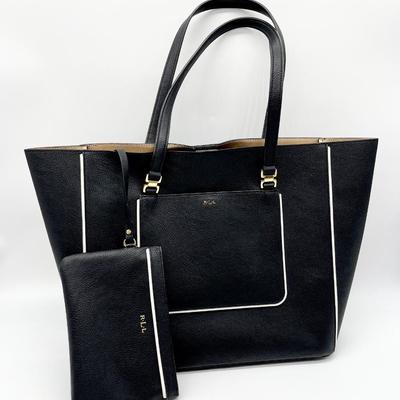 POLO RALPH LAUREN ~ Black Leather Tote ~ White Trim ~ With Wristlet