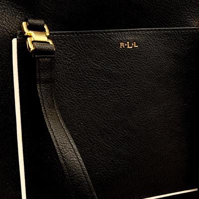 POLO RALPH LAUREN ~ Black Leather Tote ~ White Trim ~ With Wristlet