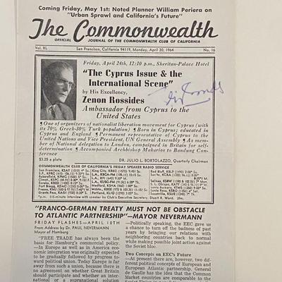 Zenon Rossides signed Commonwealth Journal newspaper 