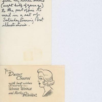 Winnie Winkle artist Martin Branner handwritten note and drawn sketch
