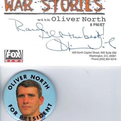 Oliver North signed Fox News card and button