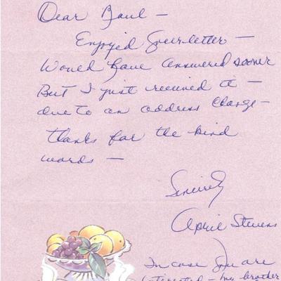 April Stevens handwritten signed letter