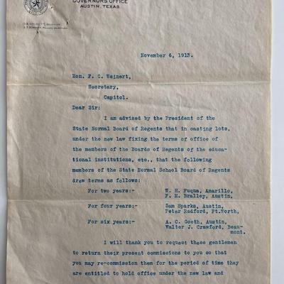 Governor of Texas Oscar Branch Colquitt 1914 signed letter