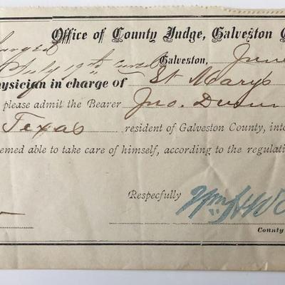 1877 Galveston County Signed Hospital Permit