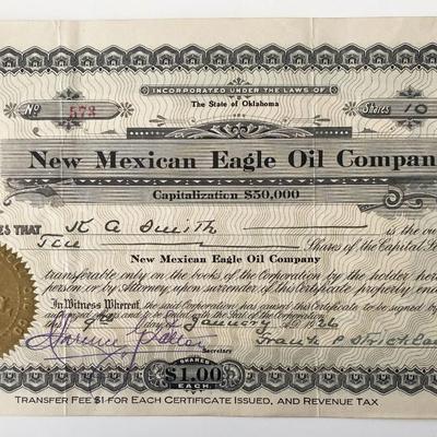1926 New Mexican Eagle Oil Company Signed Stock Share Certificate