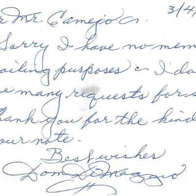 Dom DiMaggio signed note