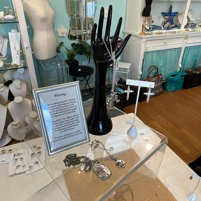 401 Pier One Black Display Hand with Blessed / Religious Jewelry Lot