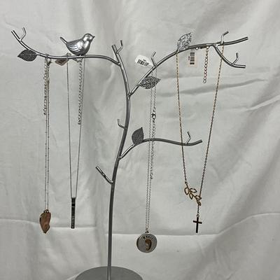 402 Silver Bird Tree Branch Jewelry Stand with Religious Jewelry