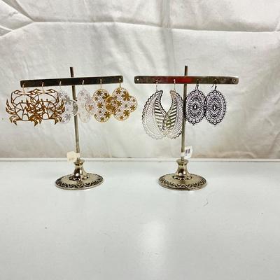 409 Five Pairs of Die Cut Metal Leaf and Crab Designed Earrings with Two Metal Stands
