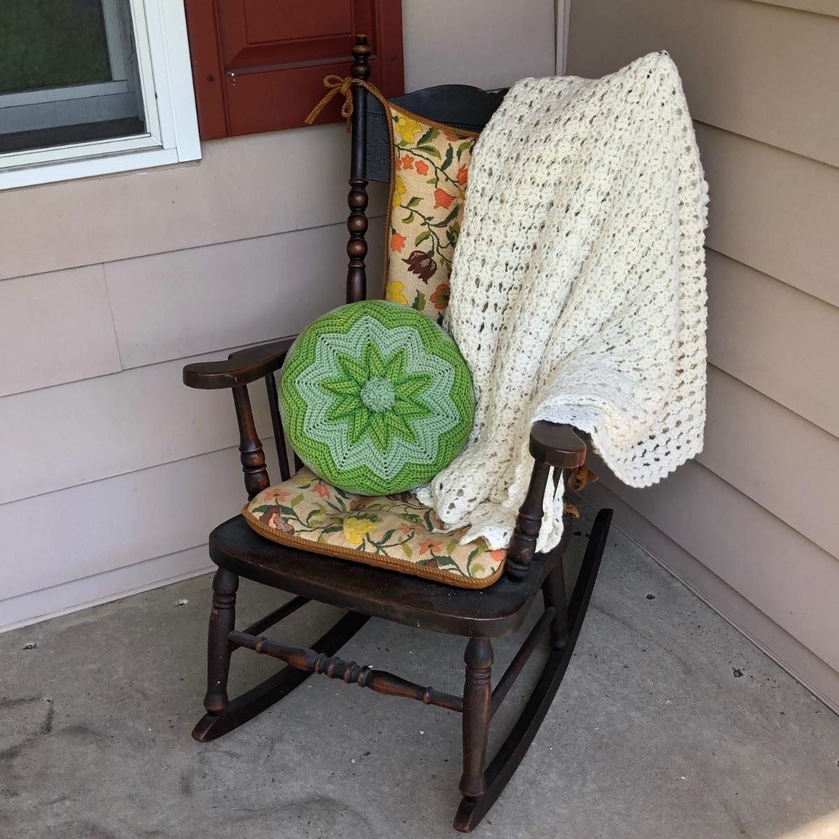 LOT 29M Rocking Chair w/ Cushions & Crocheted Throw Blanket