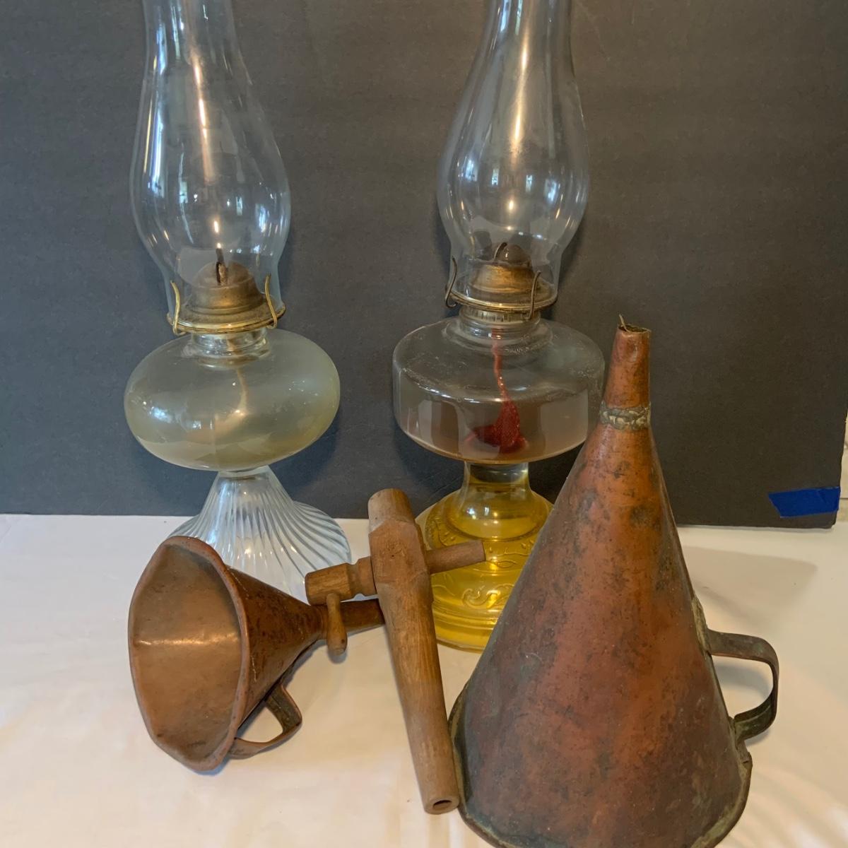 LOT224G Two Oil Lamps, Copper Funnels and More