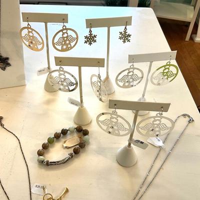 414 Large Christmas Jewelry Lot with Angel Earrings, Snowflake, Star Necklaces