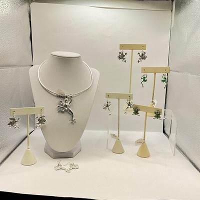419 Large Silver tone and Enamel Frog Jewelry Lot