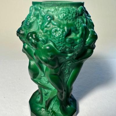 Czech Malachite Glass Schlevogt Grape Harvest Vase C1930