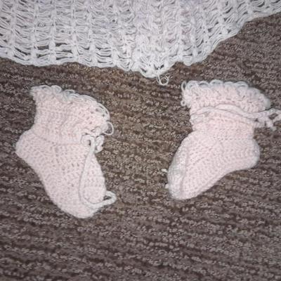 Vintage crochet Baby dresses booties and bonnets with knitted vintage blanket