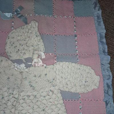 Vintage crochet Baby dresses booties and bonnets with knitted vintage blanket