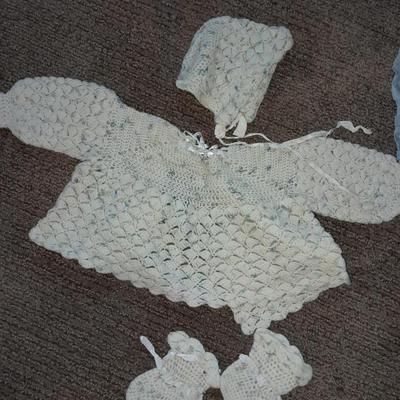 Vintage crochet Baby dresses booties and bonnets with knitted vintage blanket