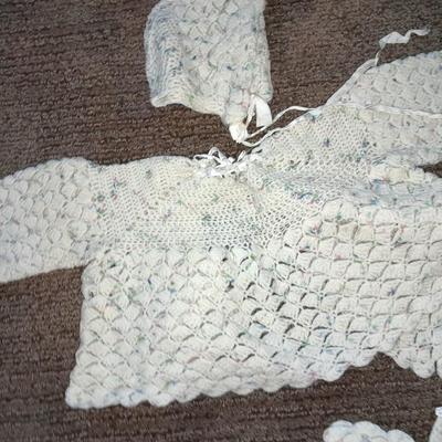 Vintage crochet Baby dresses booties and bonnets with knitted vintage blanket