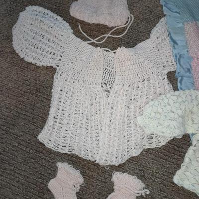 Vintage crochet Baby dresses booties and bonnets with knitted vintage blanket