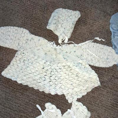 Vintage crochet Baby dresses booties and bonnets with knitted vintage blanket