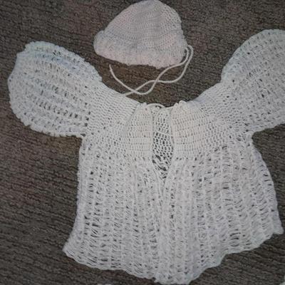 Vintage crochet Baby dresses booties and bonnets with knitted vintage blanket